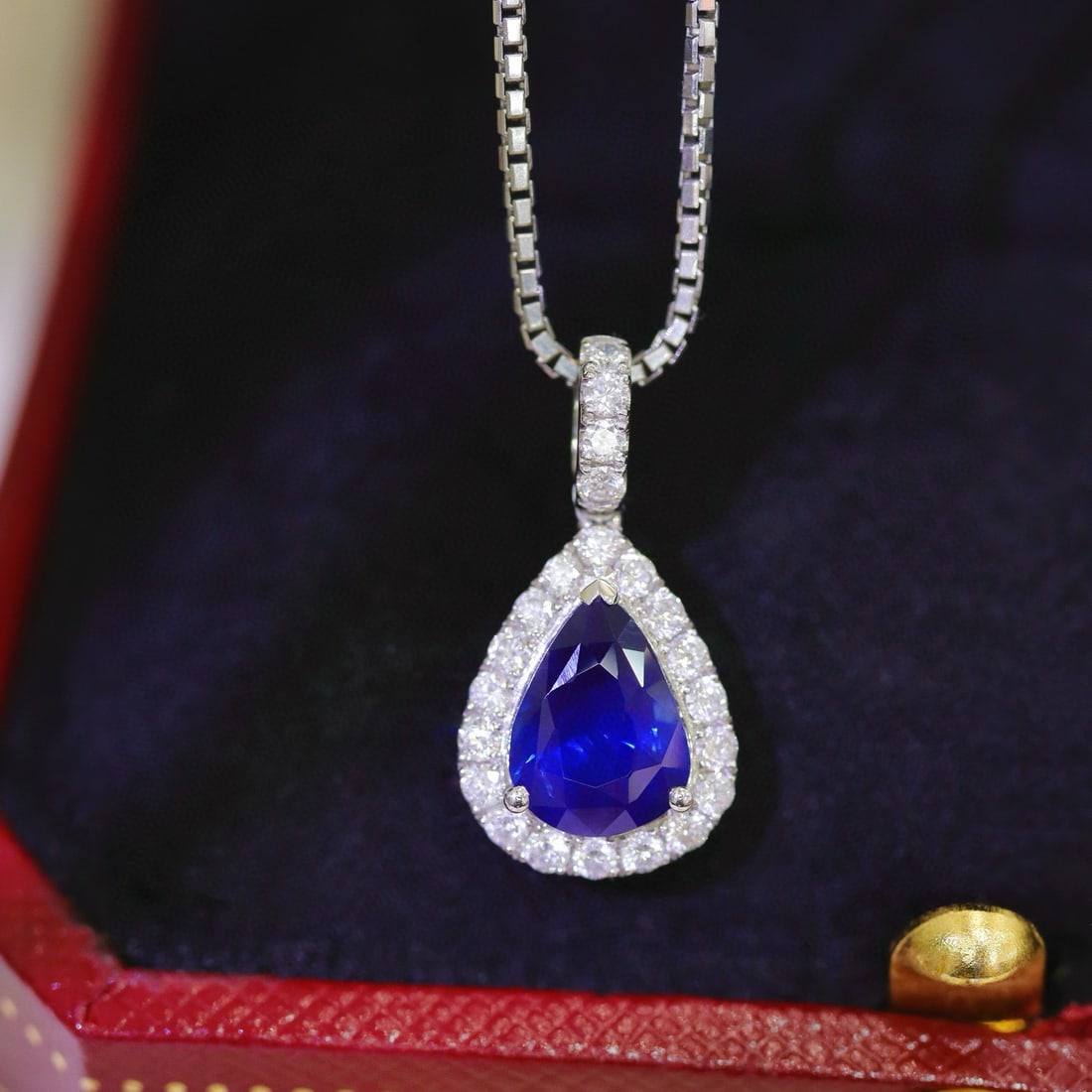14k Gold 1.3 Ctw Natural Sapphire & Diamond Pendant( Without Chain ): Ref:230942389 // gold content:14k gold // main gemstone:sapphire // shape:pear // carat weight:1. 1ct // color:royal blue // treatment:natural // // adjacent gemstone 2 : diamond // shape:round //