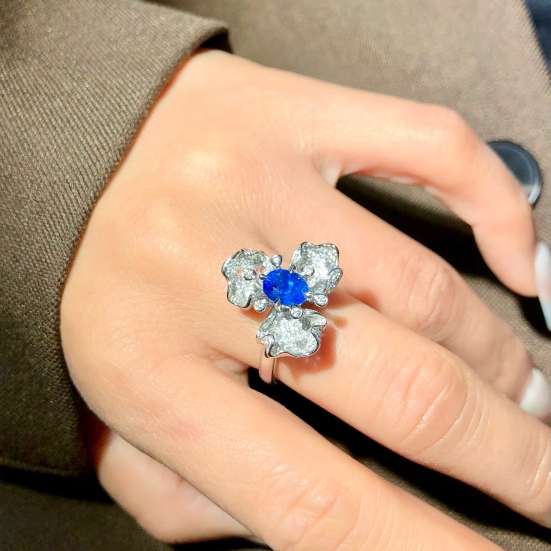 14k Gold 2.18 Ctw Natural Sapphire & Diamond & Flowers Ring - 5