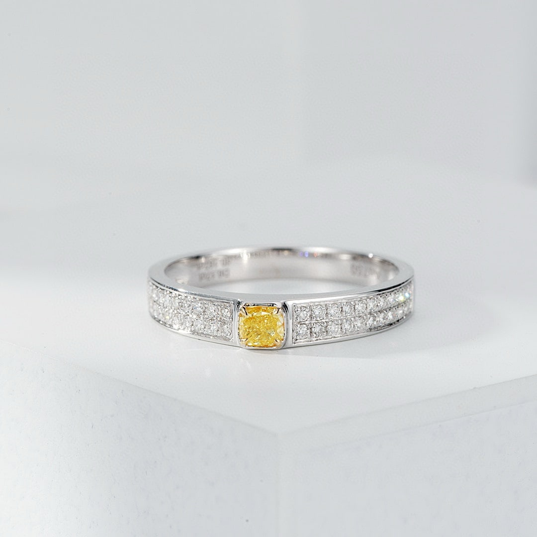 14k Gold 0.31 Ctw Natural Yellow Diamond & Diamond Ring: Ref:230944011 // gold content:14k gold // ring size:7. 25us // // main gemstone:yellow diamond // shape:cushion // carat weight:0. 15ct // color:yellow // treatment:natural // // adjacent gemstone