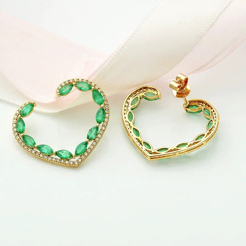 14k Gold 3.61 Ctw Natural Emerald & Diamond Earrings - 2