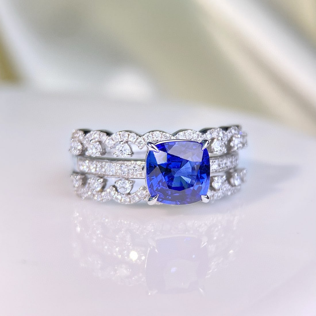 14k Gold 2.16 Ctw Natural Sapphire & Diamond Ring: Ref:230944029 // gold content:14k gold // ring size:7. 25us // // main gemstone:sapphire // shape:cushion // carat weight:1. 65ct // color:royal blue // treatment:natural // // adjacent gemstone 2