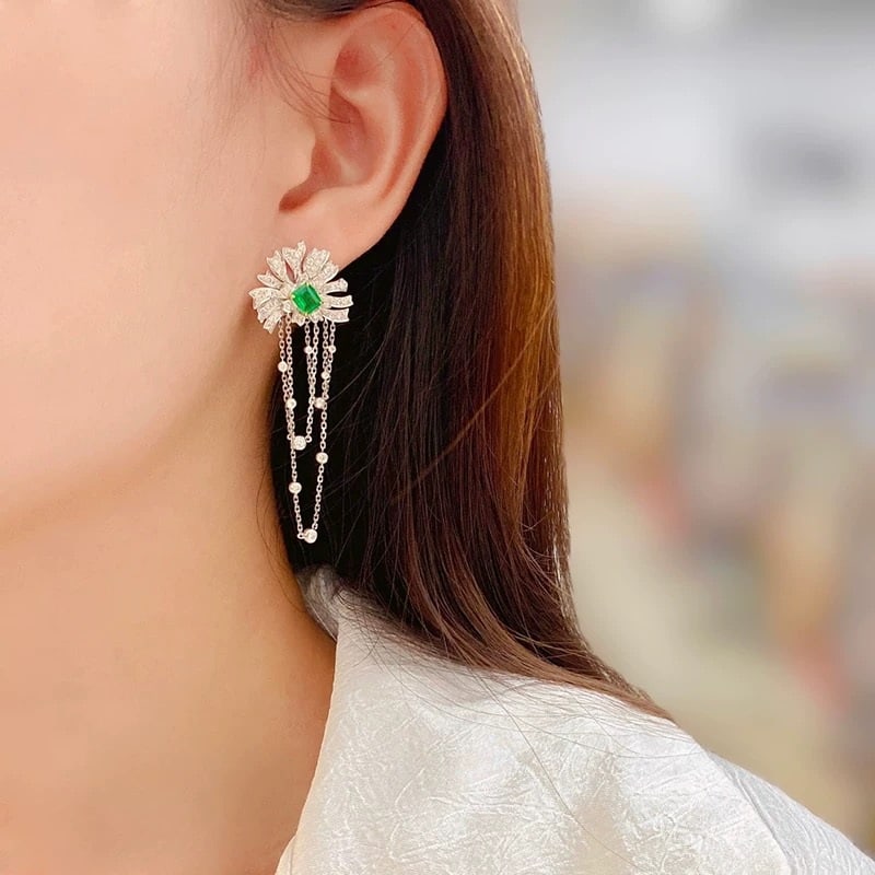 14k Gold 2.26 Ctw Vivid Green Natural Emerald & Diamond Earrings - 2