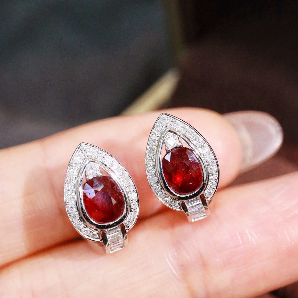 14k Gold 1.92 Ctw Vivid Red Natural Ruby & Diamond Earrings - 6