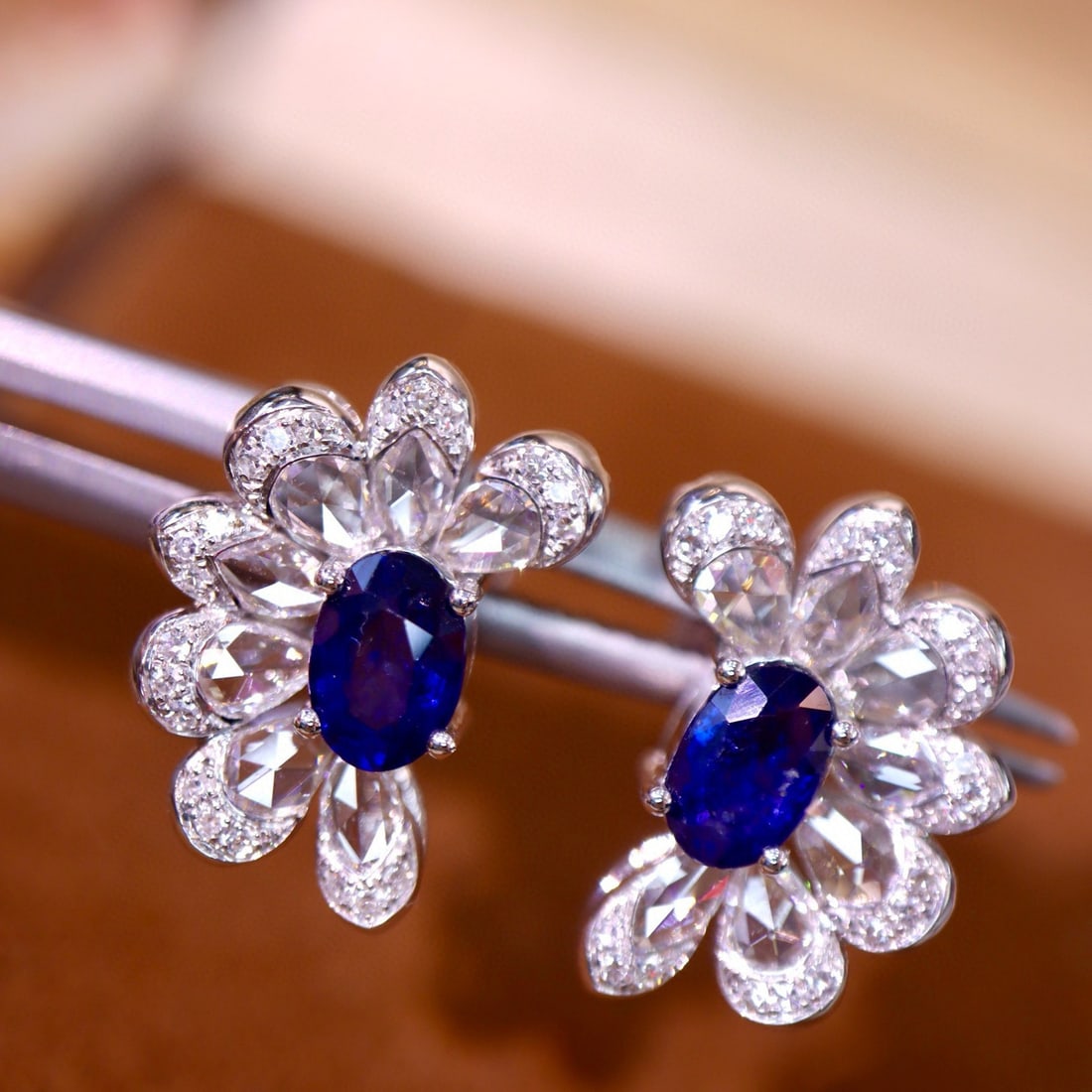 14k Gold 1.42 Ctw Natural Sapphire & Diamond Earrings - 2