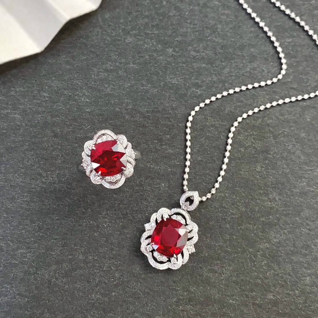 14k Gold 11.74 Ctw Vivid Red Natural Tourmaline & Diamond Jewelry Set: Ref:230944060 // gold content:14k gold // ring size:7. 25us // // ring // main gemstone:tourmaline // shape:cushion // carat weight:4. 94ct // color:vivid red // treatment:natural // // adjacent