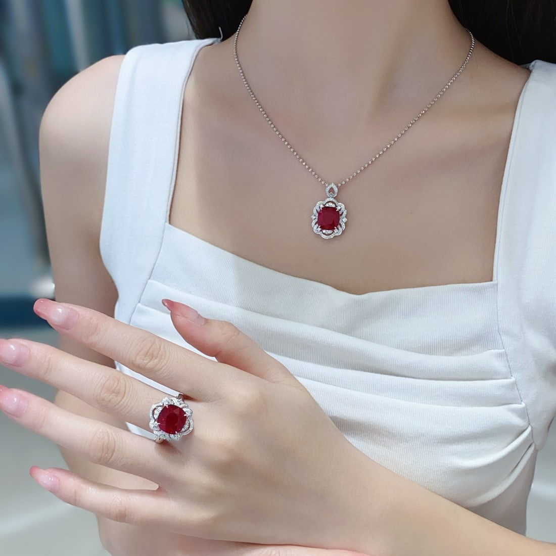 14k Gold 11.74 Ctw Vivid Red Natural Tourmaline & Diamond Jewelry Set - 8