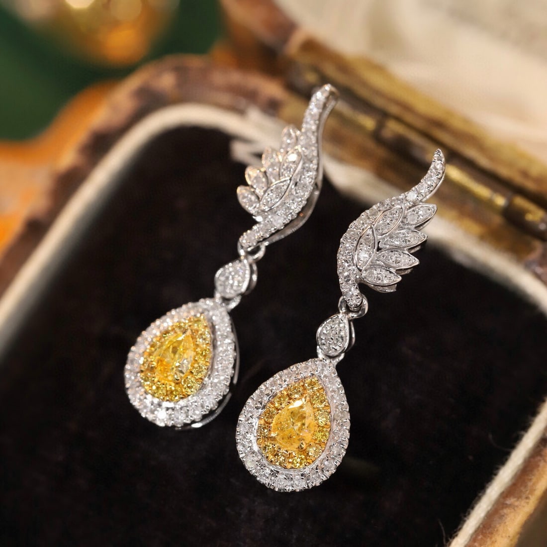 14k Gold 0.60 Ctw Natural Yellow Diamond & Diamond Earrings - 2