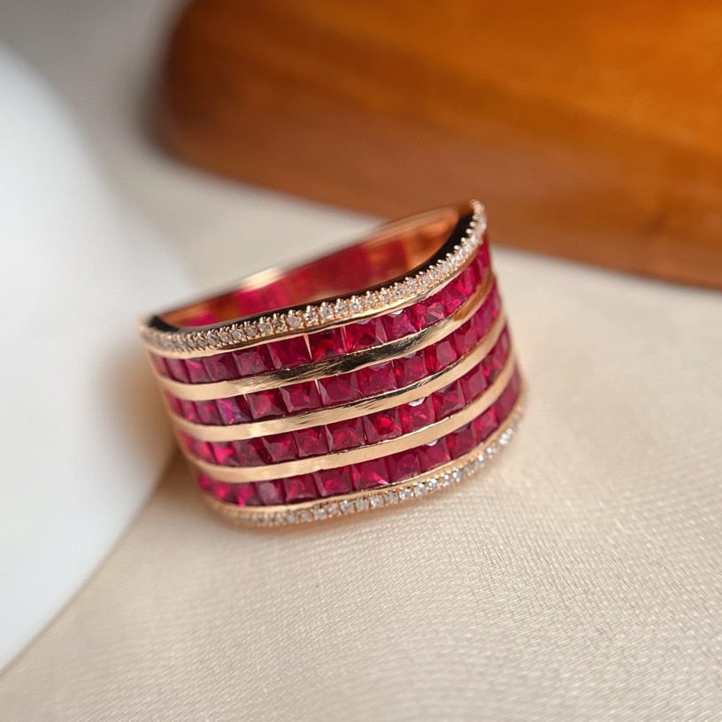 14k Gold 4.70 Ct Natural Ruby & Diamond Ring: Ref:230944095 // gold content:14k gold // ring size:7. 25us // // main gemstone:ruby // shape:princess // carat weight:4. 70ct // color:red // treatment:natural // // adjacent gemstone 2 : diamond