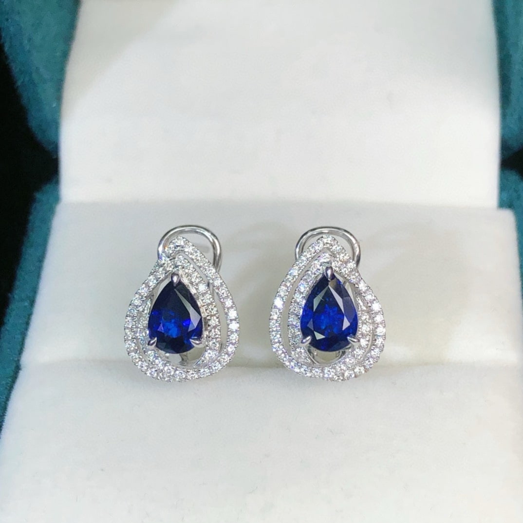 14k Gold 2.01 Ctw Natural Sapphire & Diamond Earrings: Ref:230944112 // gold content:14k gold // main gemstone:sapphire // shape:pear // carat weight:1. 61ct // color:royal blue // treatment:natural // // adjacent gemstone 2 : diamond // shape:round // ca