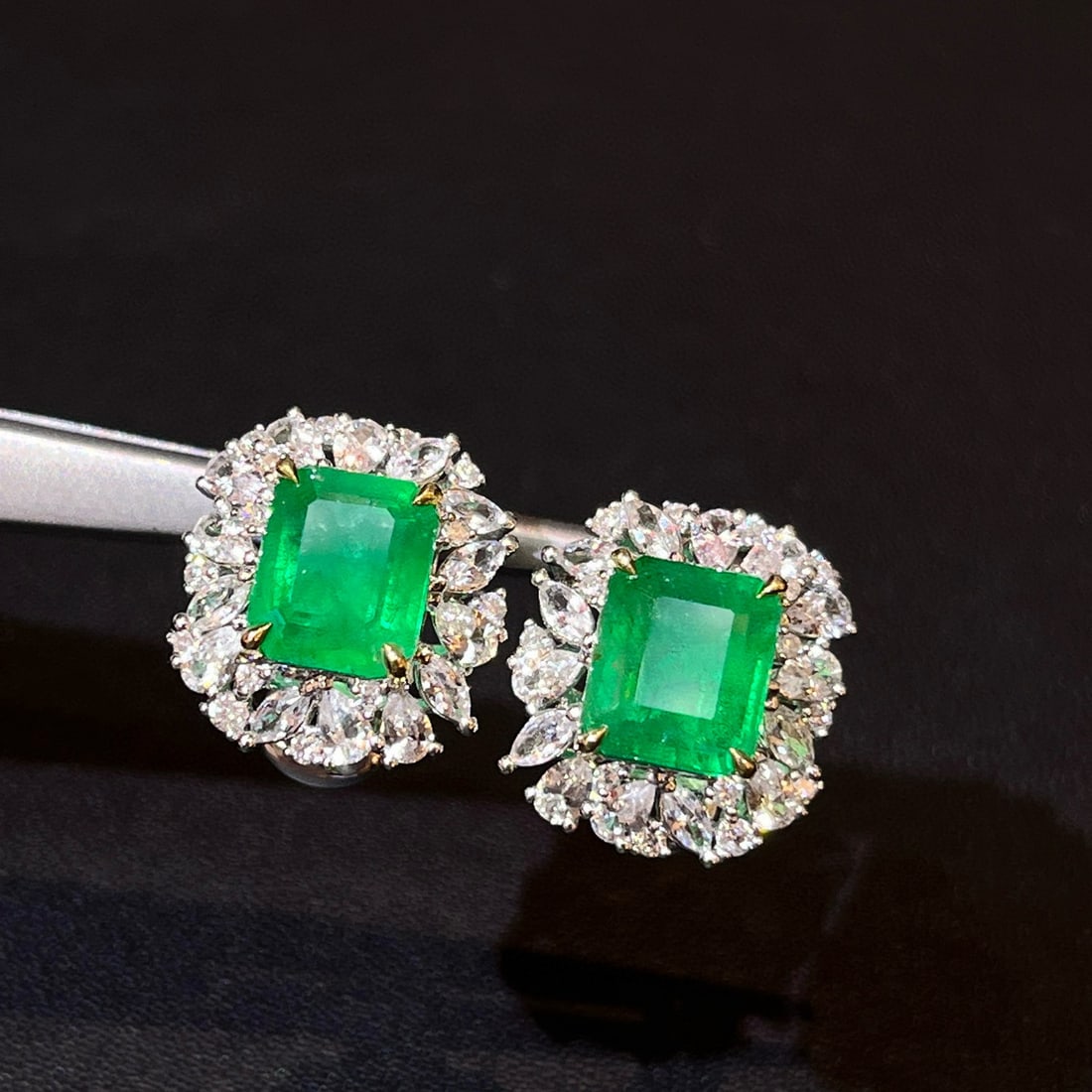 14k Gold 4.19 Ctw Vivid Green Natural Emerald & Diamond Earrings - 2