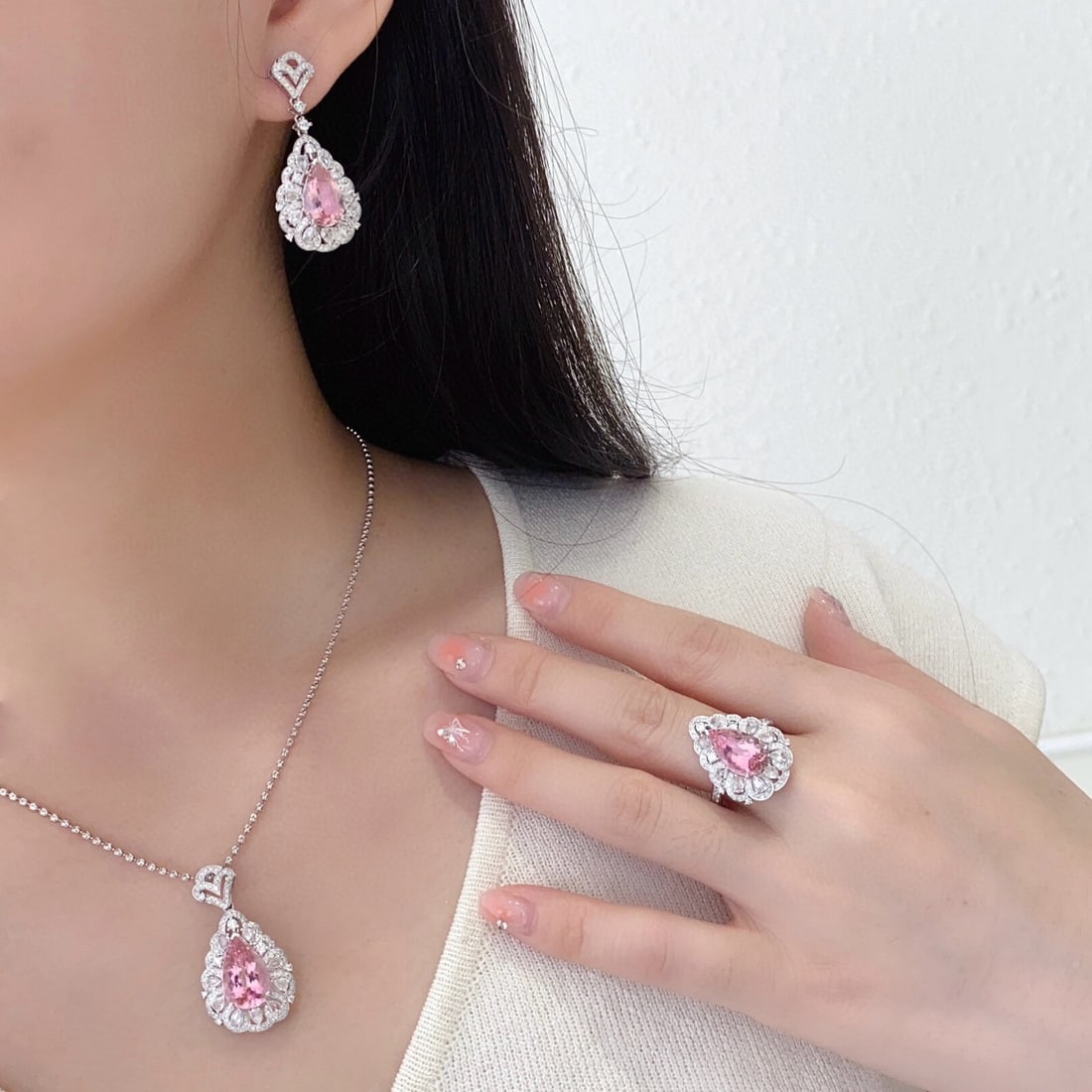 14k Gold 12.84 Ctw Natural Morganite & Diamond Jewelry Set - 3