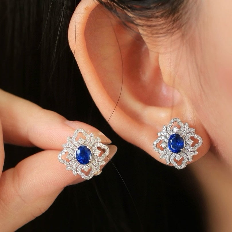 14k Gold 2.88 Ctw Natural Sapphire & Diamond Earrings - 4