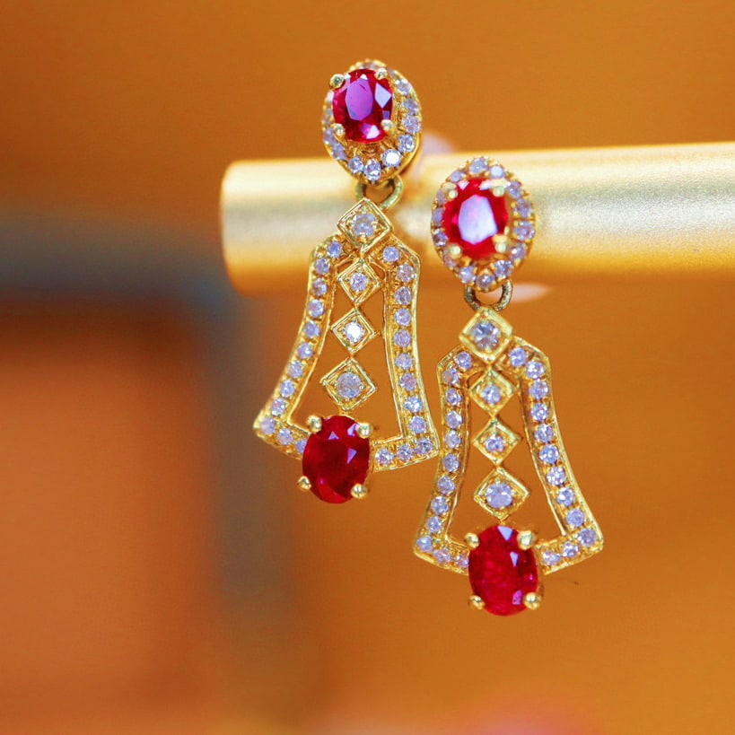 14k Gold 0.87 Ctw Natural Ruby & Diamond Earrings - 3