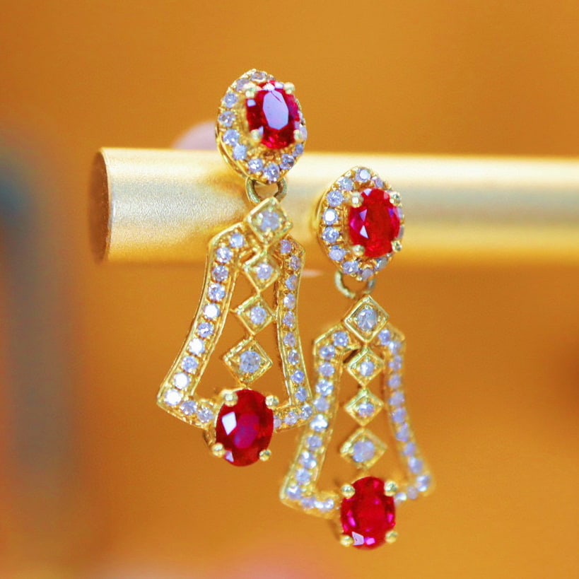 14k Gold 0.87 Ctw Natural Ruby & Diamond Earrings - 4