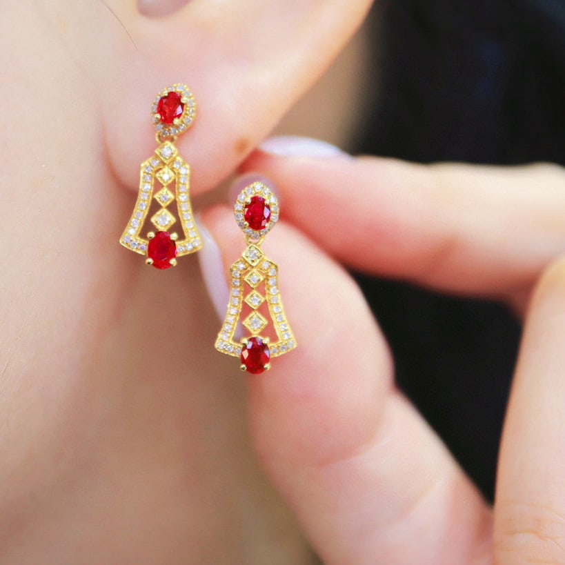 14k Gold 0.87 Ctw Natural Ruby & Diamond Earrings - 6