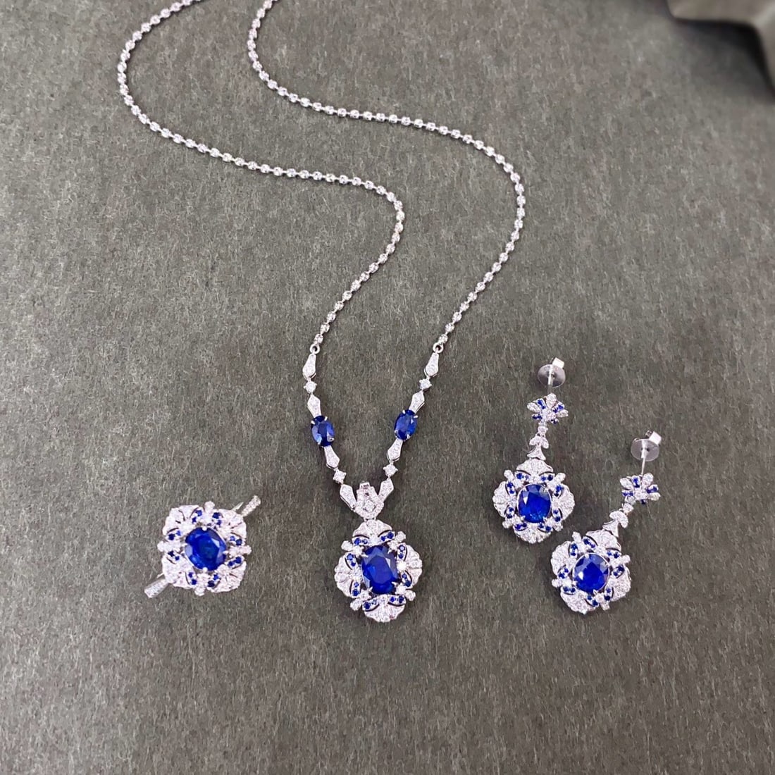 14k Gold 6.51 Ctw Natural Sapphire & Diamond Jewelry Set: Ref:230944138 // gold content:14k gold // ring size:7. 25us // // ring // main gemstone:sapphire // shape:multiply // carat weight:1. 08ct // color:royal blue // treatment:natural // // adjacent