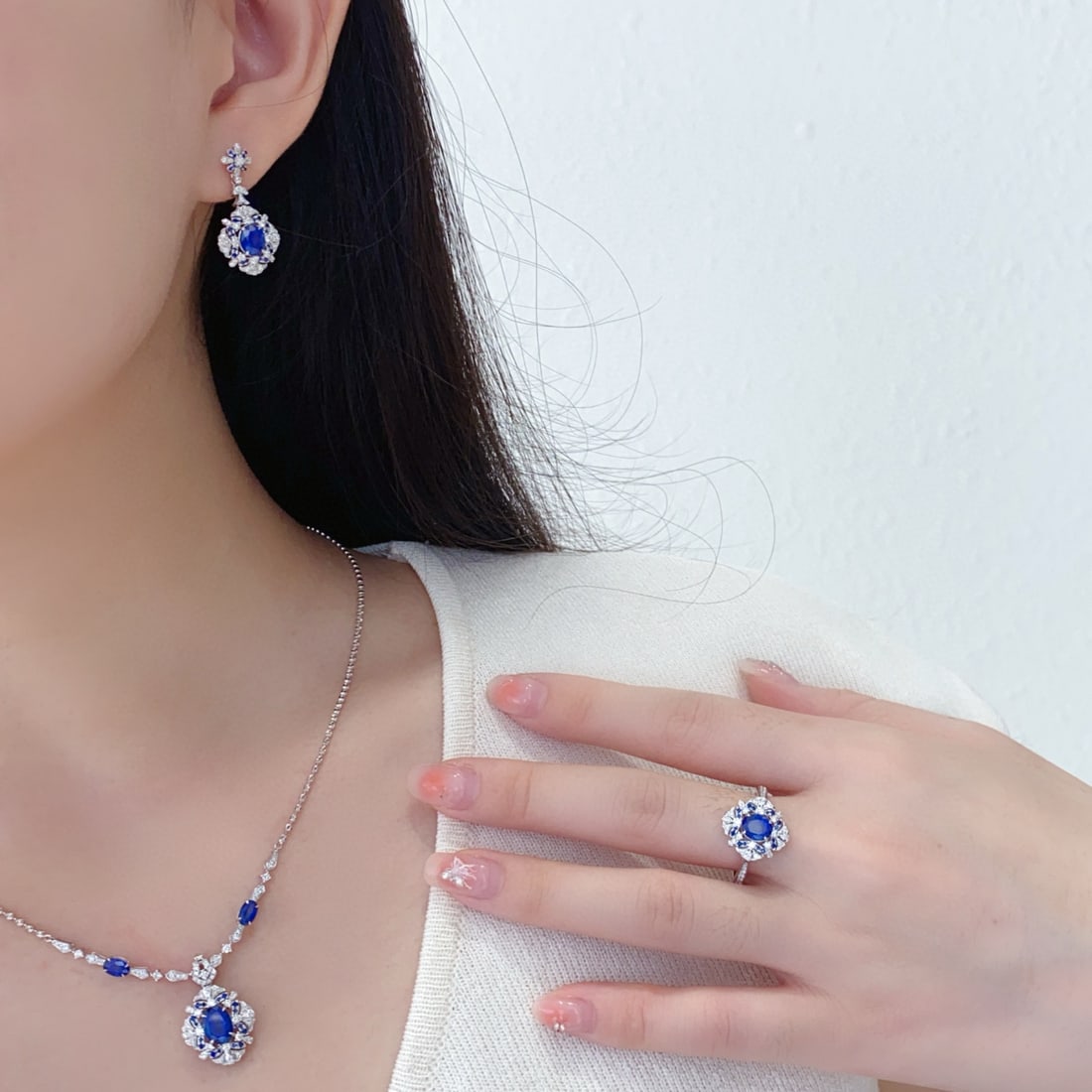 14k Gold 6.51 Ctw Natural Sapphire & Diamond Jewelry Set - 2