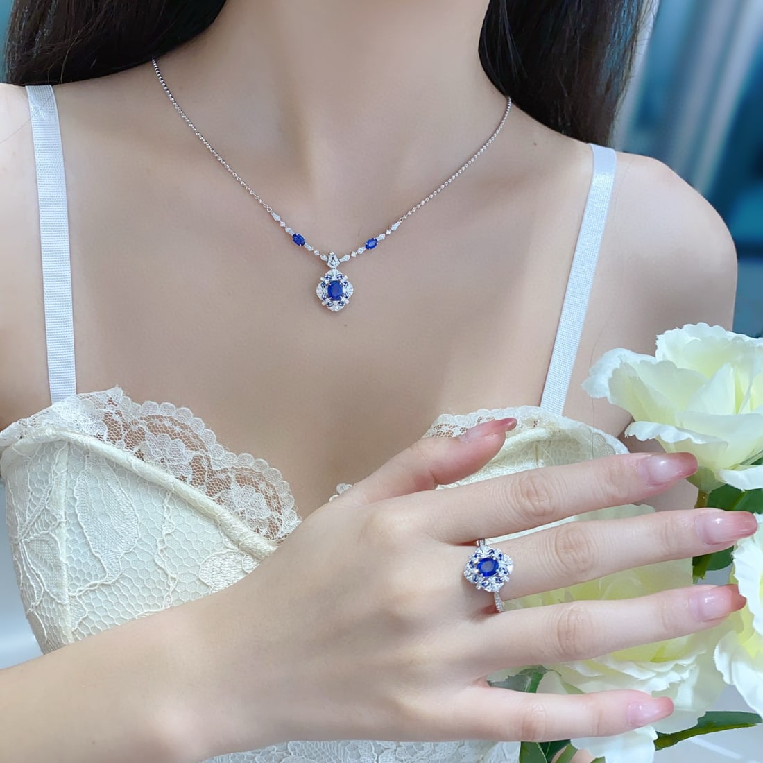 14k Gold 6.51 Ctw Natural Sapphire & Diamond Jewelry Set - 3