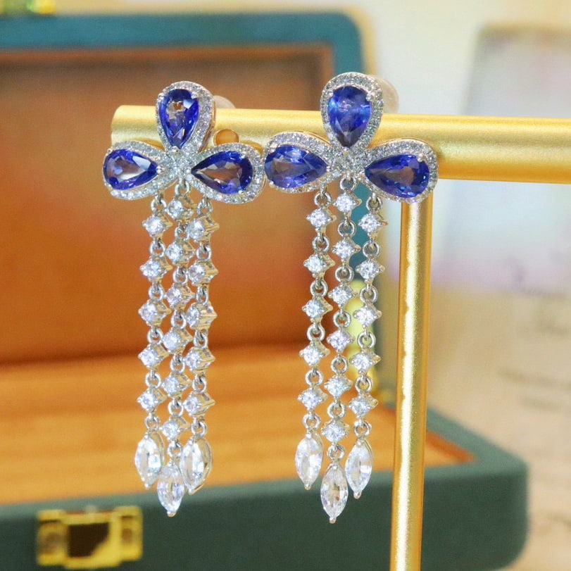 14k Gold 3.36 Ctw Natural Sapphire & Diamond Earrings - 2