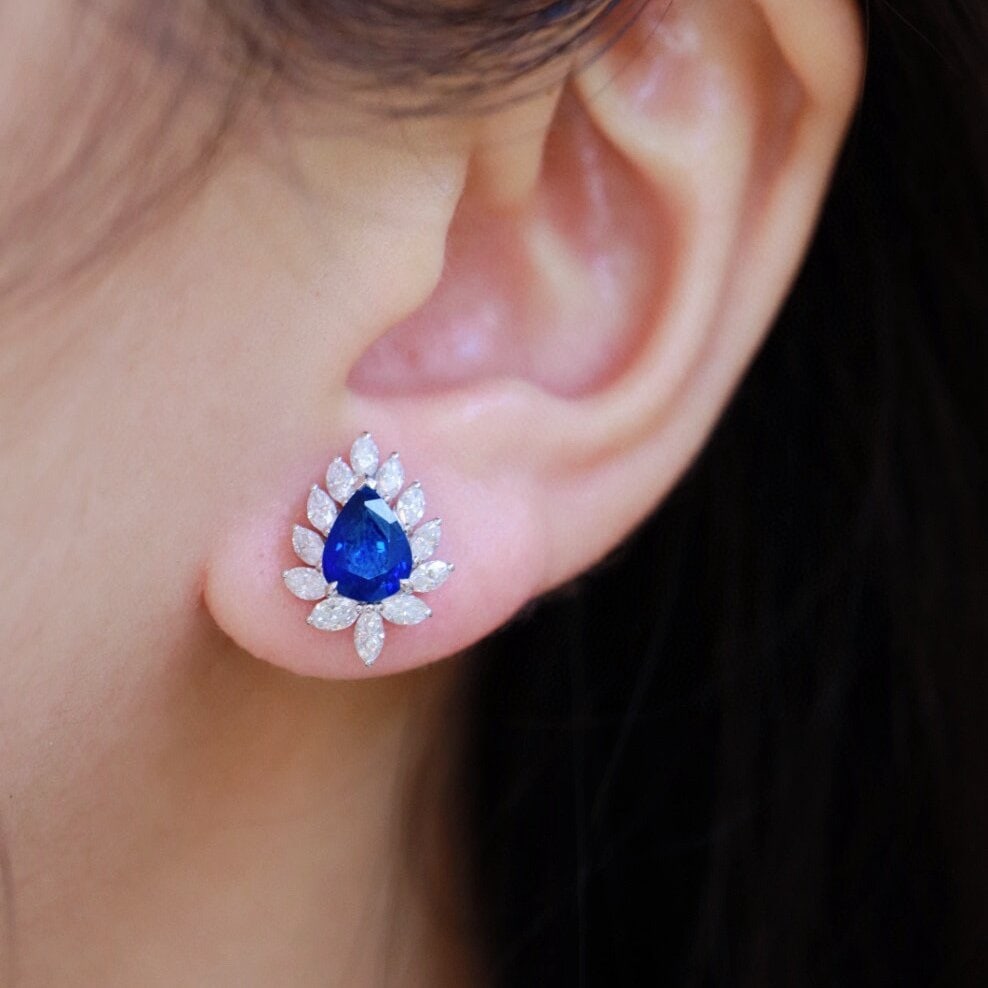 14k Gold 2.95 Ctw Natural Sapphire & Diamond Earrings - 3