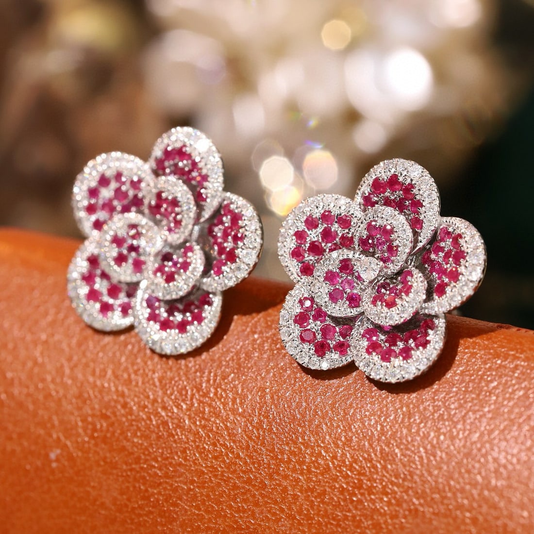 14k Gold 1.2 Ctw Natural Ruby & Diamond & Flowers Earrings - 2