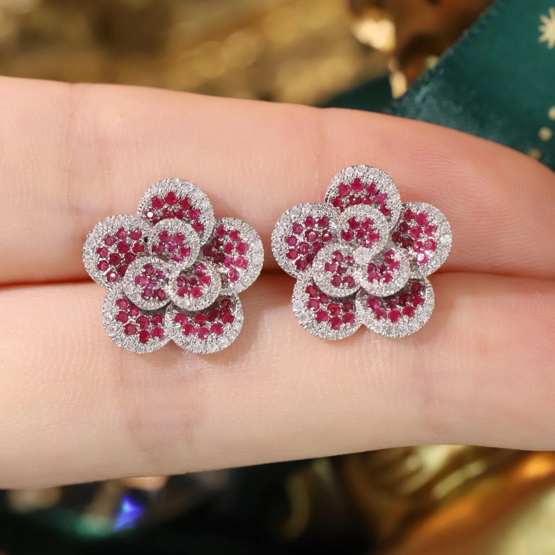 14k Gold 1.2 Ctw Natural Ruby & Diamond & Flowers Earrings - 4