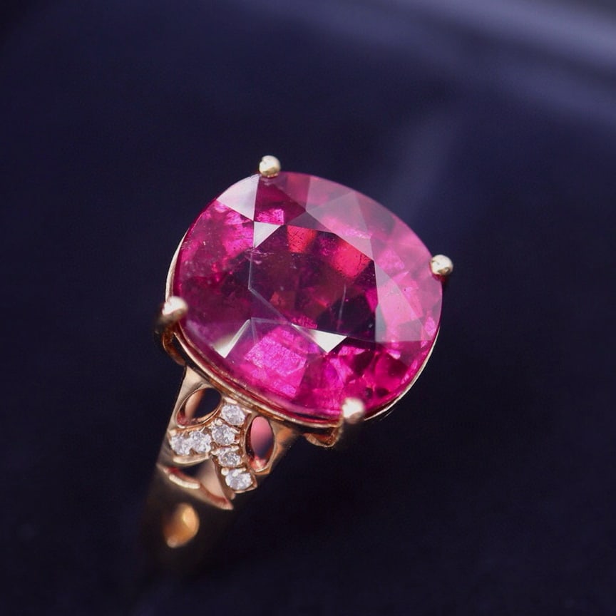 14k Gold 7.63 Ct Natural Tourmaline & Diamond Ring - 2