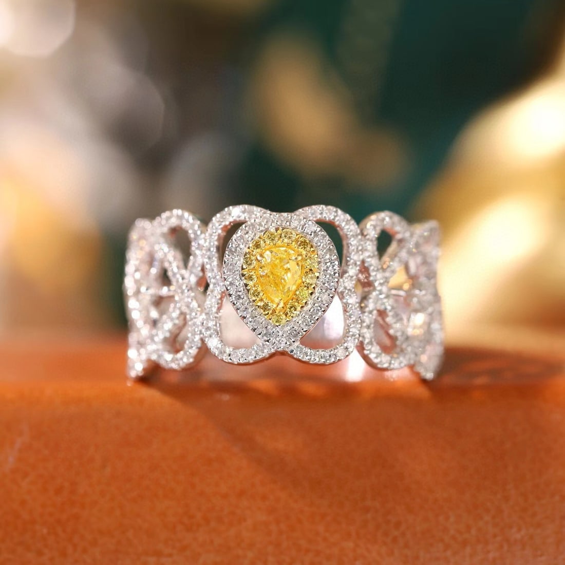 14k Gold 0.55 Ctw Natural Yellow Diamond & Diamond Ring: Ref:230944198 // gold content:14k gold // ring size:7. 25us // // main gemstone:yellow diamond // shape:pear // carat weight:0. 1ct // color:yellow // treatment:natural // // adjacent gemstone 2 : dia