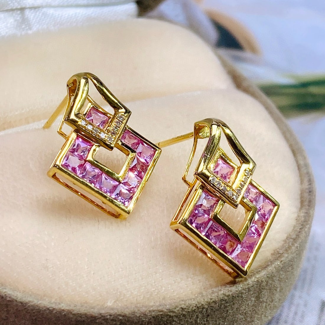 14k Gold 2.50 Ct Natural Sapphire & Diamond Earrings - 3