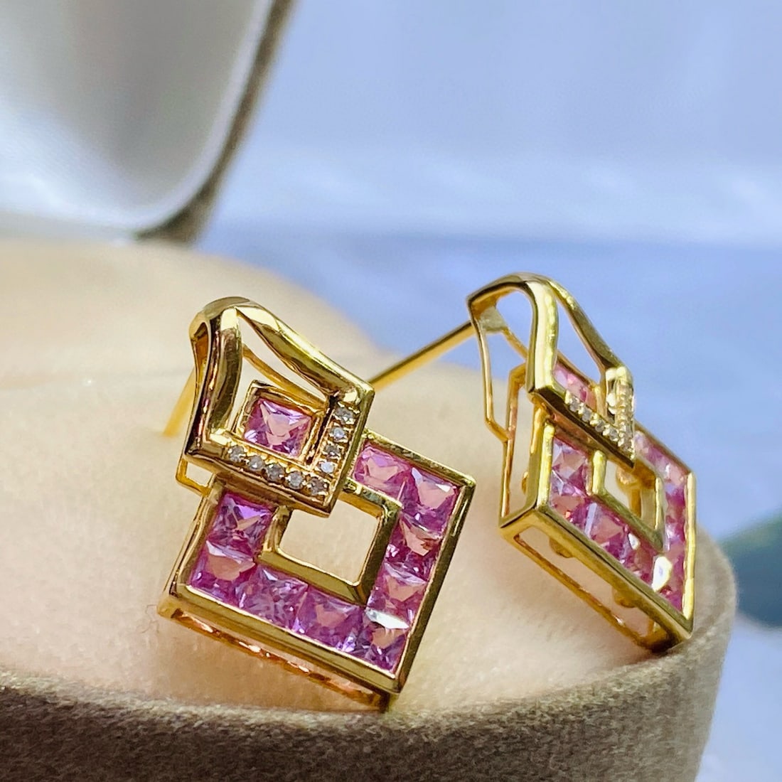 14k Gold 2.50 Ct Natural Sapphire & Diamond Earrings - 6