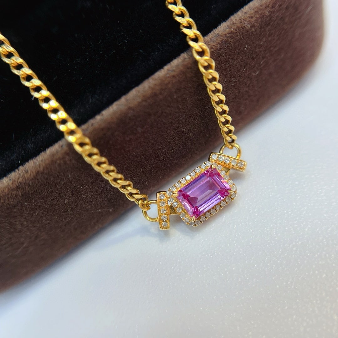 14k Gold 0.75 Ct Natural Padparadscha Sapphire & Diamond Necklace - 2