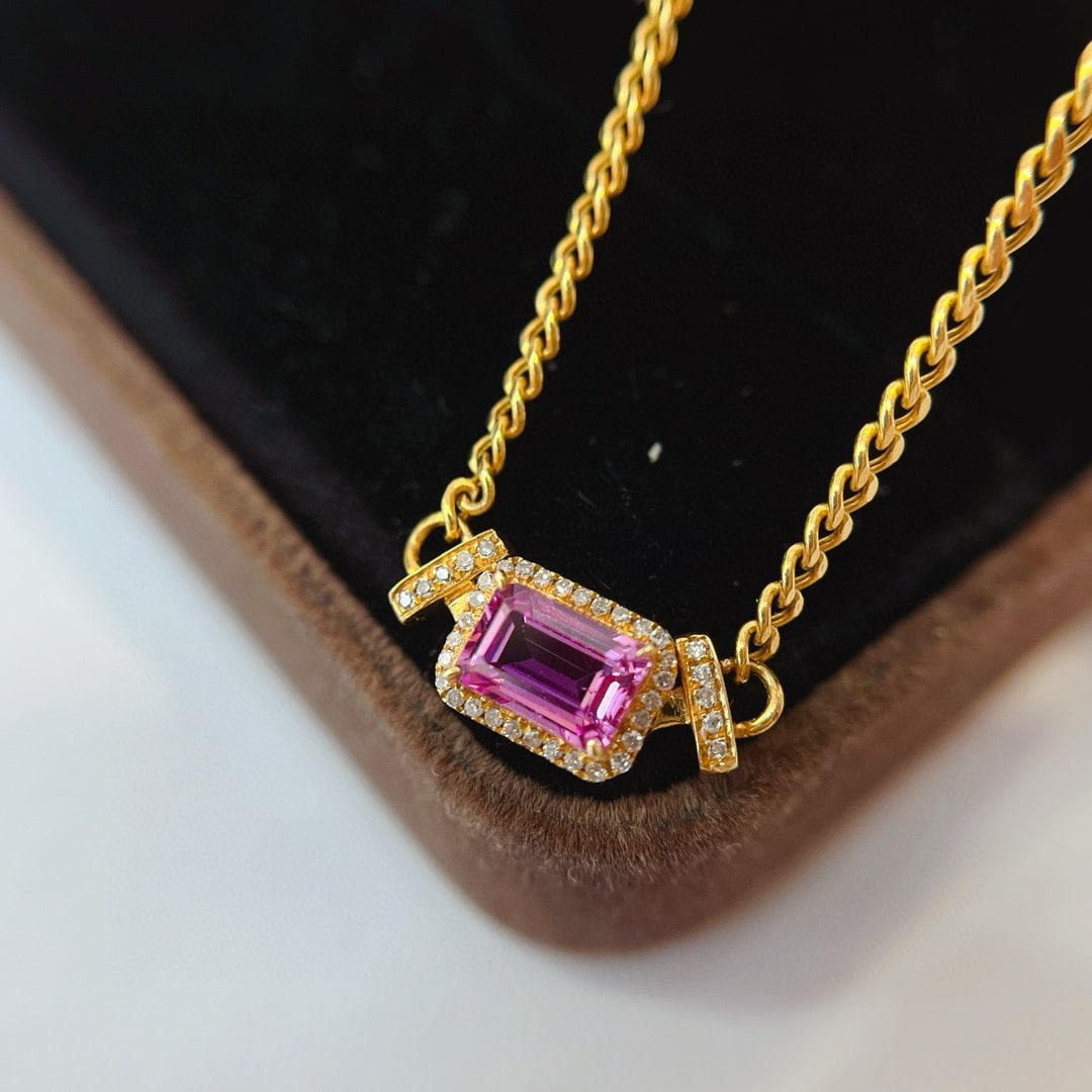 14k Gold 0.75 Ct Natural Padparadscha Sapphire & Diamond Necklace - 3