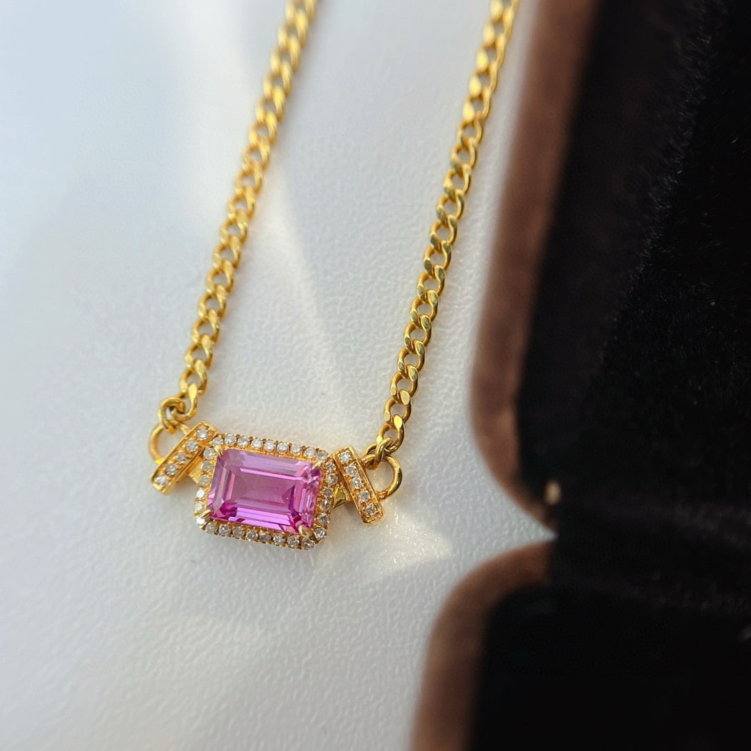 14k Gold 0.75 Ct Natural Padparadscha Sapphire & Diamond Necklace - 4