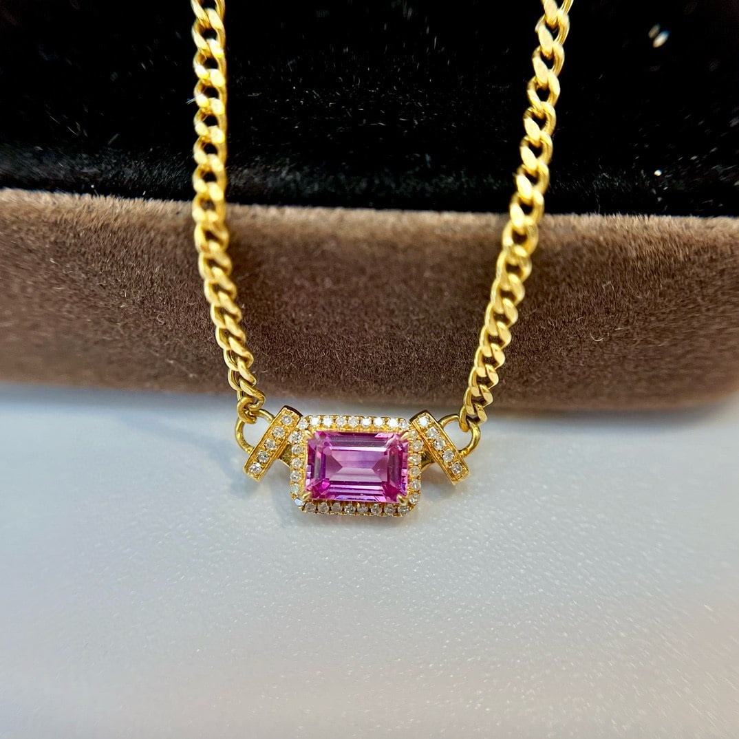 14k Gold 0.75 Ct Natural Padparadscha Sapphire & Diamond Necklace - 5