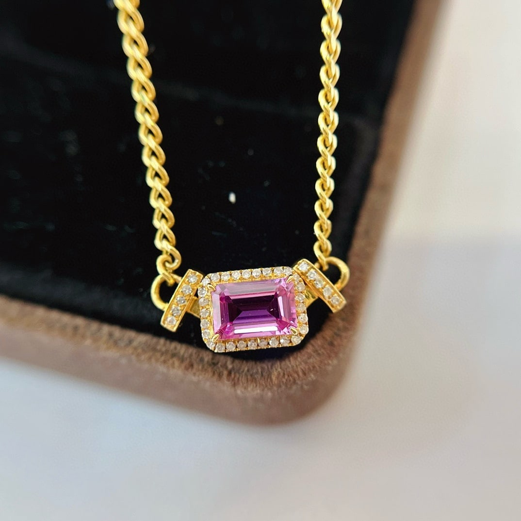 14k Gold 0.75 Ct Natural Padparadscha Sapphire & Diamond Necklace - 6