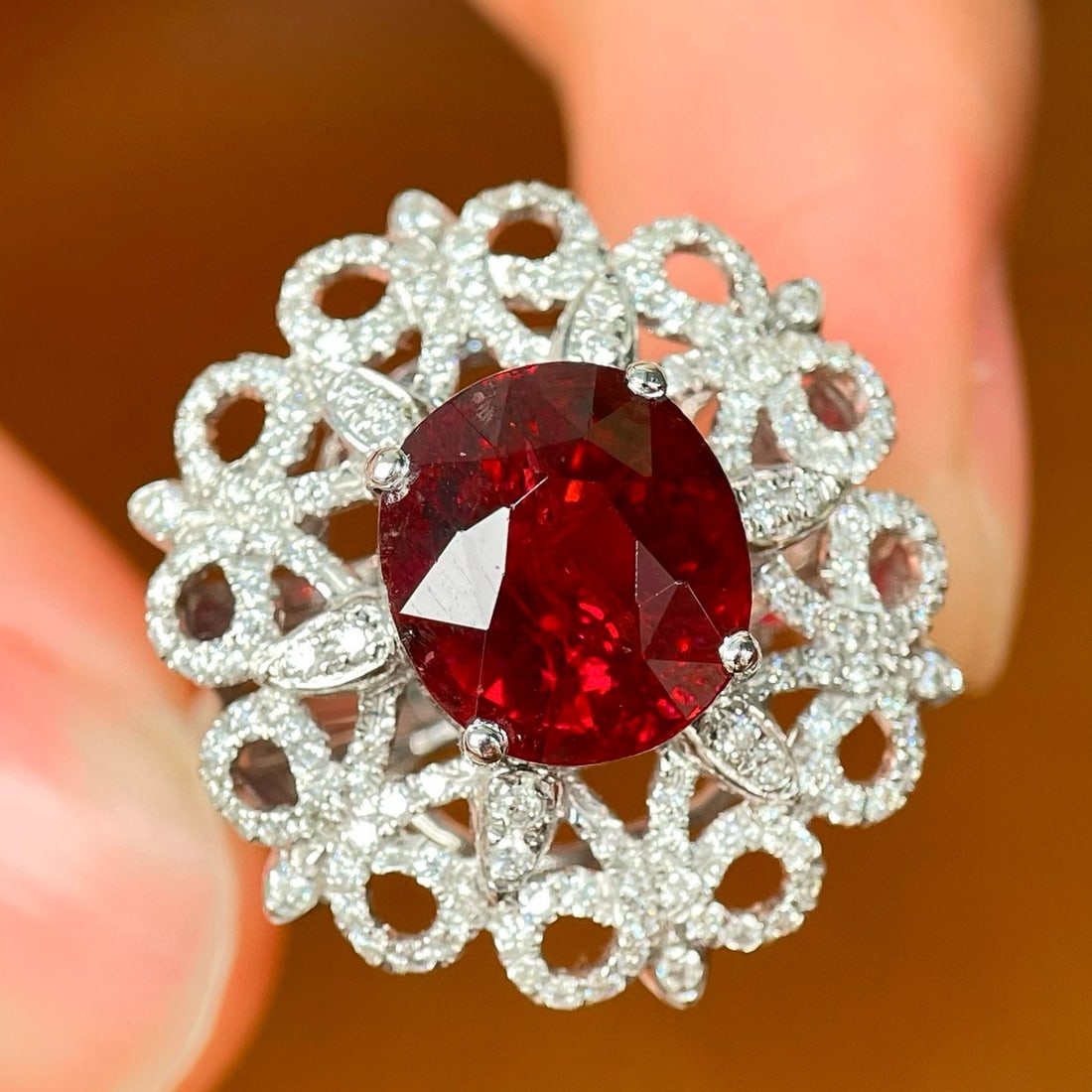 14k Gold 3.87 Ctw Natural Tourmaline & Diamond Ring: Ref:230944202 // gold content:14k gold // ring size:7. 25us // // main gemstone:tourmaline // shape:oval // carat weight:3. 43ct // color:red // treatment:natural // // adjacent gemstone 2 : diamond /