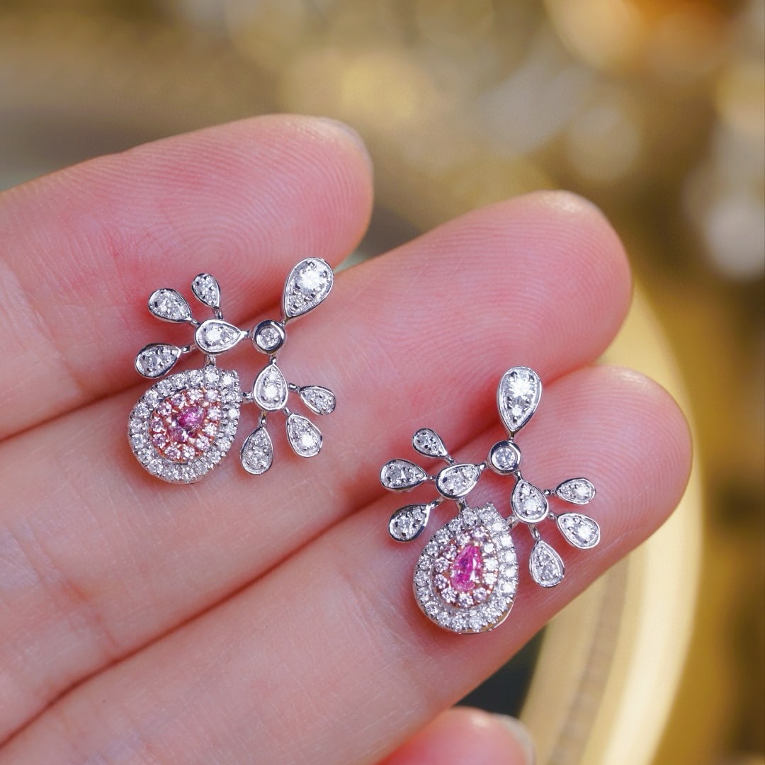 14k Gold 0.70 Ctw Natural Pink Diamond & Diamond Earrings - 5