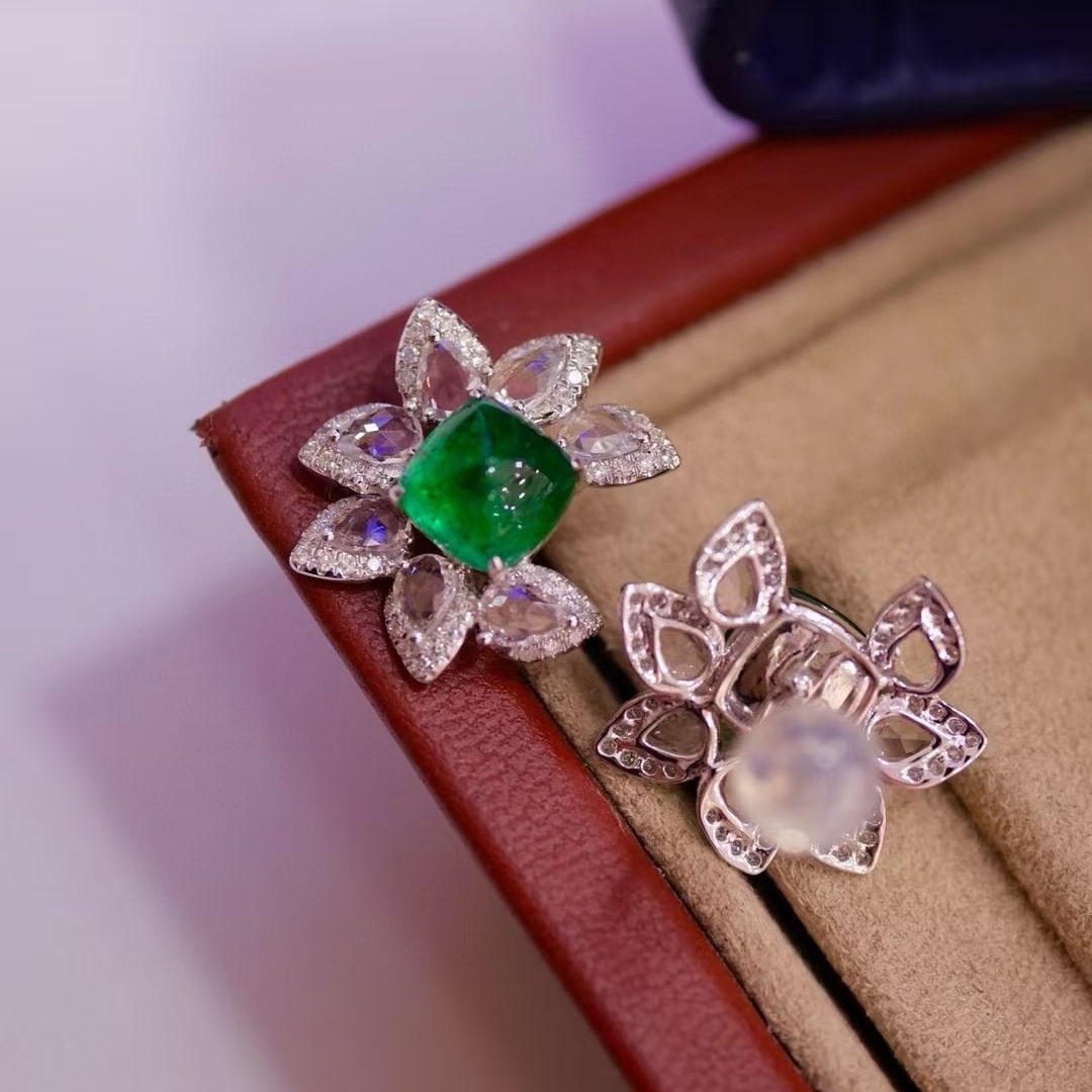 14k Gold 2.65 Ct Natural Emerald & Sapphire & Diamond Earrings - 2