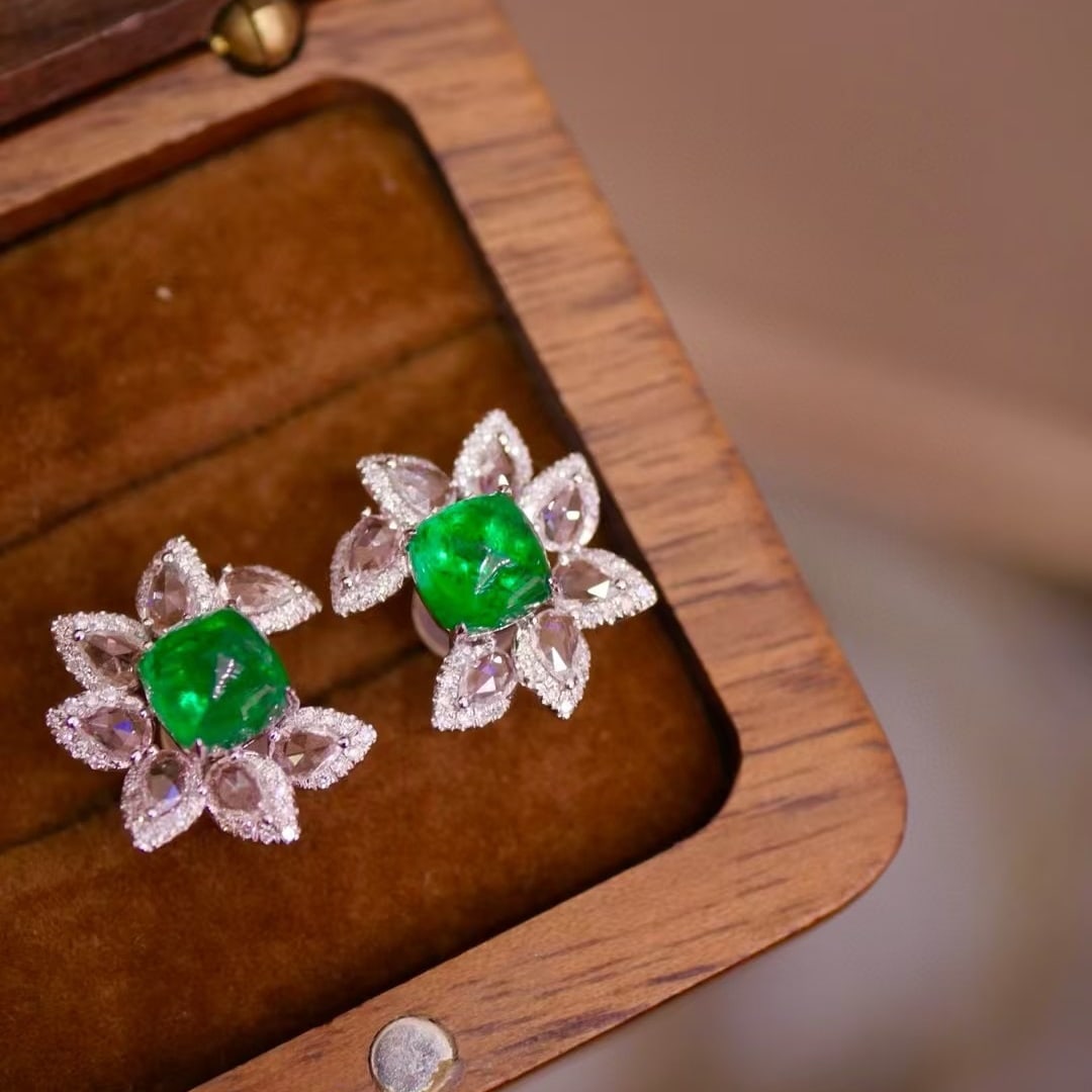 14k Gold 2.65 Ct Natural Emerald & Sapphire & Diamond Earrings - 4