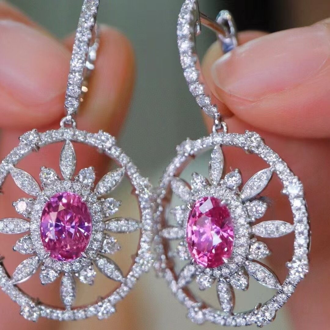 14k Gold 3.61 Ctw Natural Padparadscha Sapphire & Diamond Earrings - 2