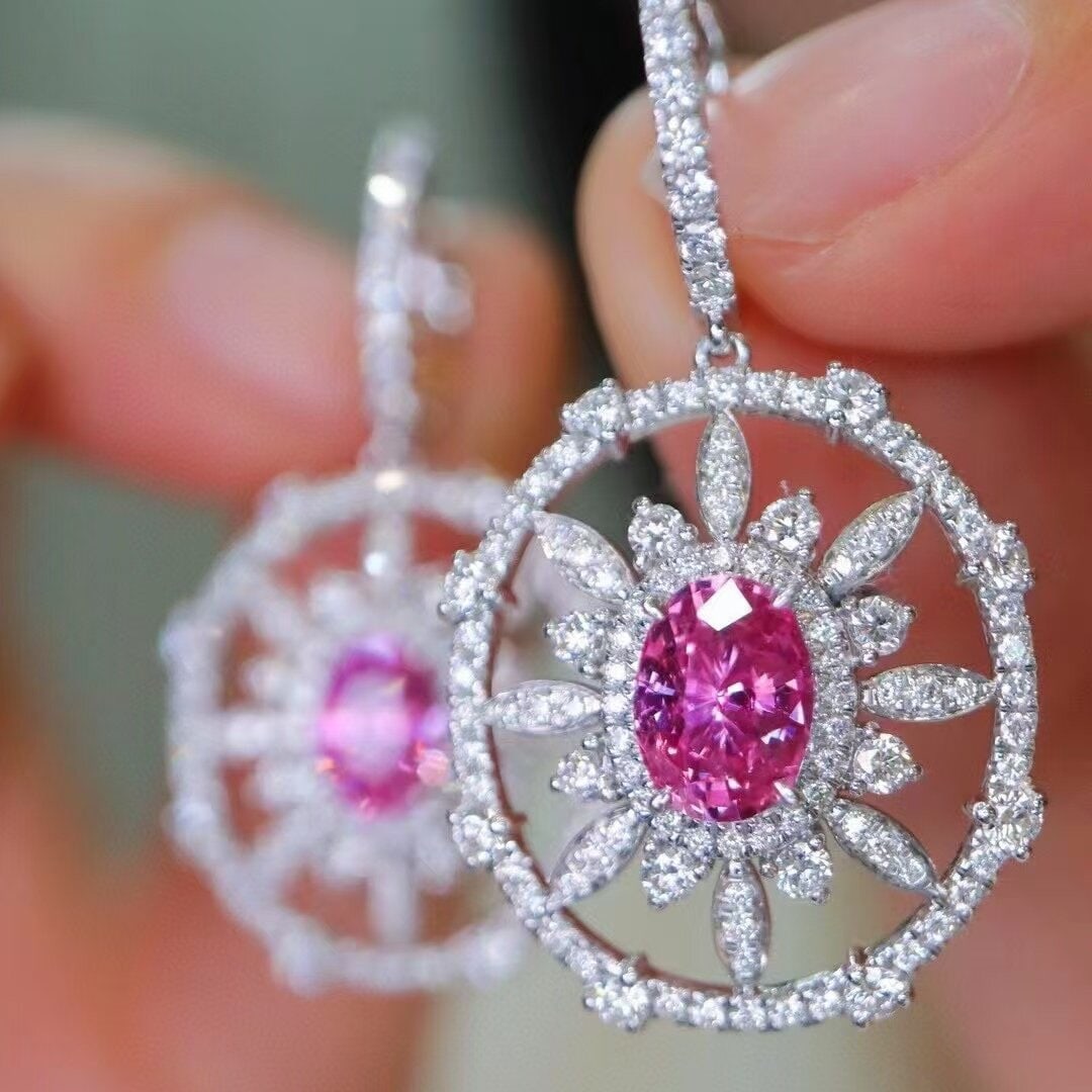 14k Gold 3.61 Ctw Natural Padparadscha Sapphire & Diamond Earrings - 3