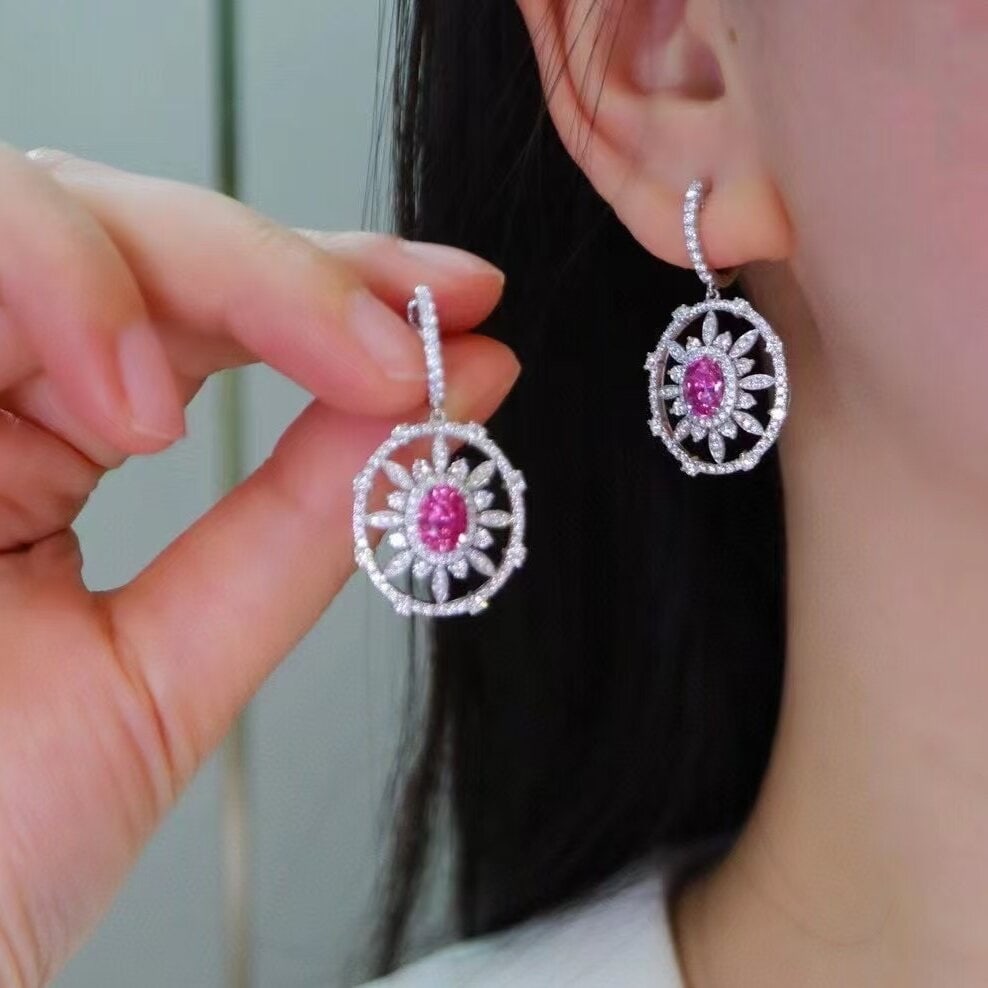 14k Gold 3.61 Ctw Natural Padparadscha Sapphire & Diamond Earrings - 5