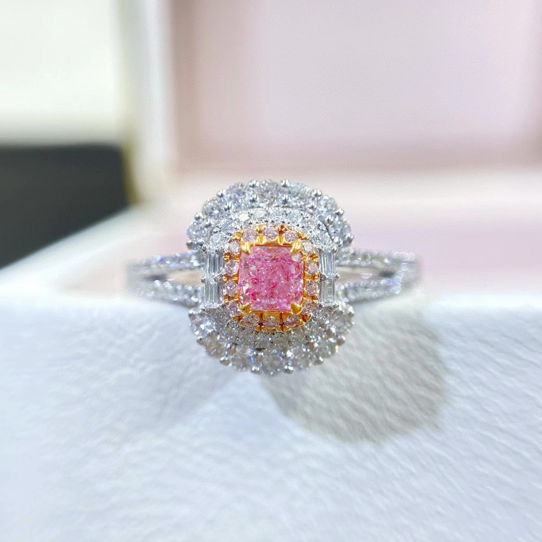 14k Gold 0.65 Ctw Natural Pink Diamond & Diamond Ring: Ref:230944241 // gold content:14k gold // ring size:7. 25us // // main gemstone:pink diamond // shape:cushion // carat weight:0. 22ct // color:pink // treatment:natural // // adjacent gemstone 2 :