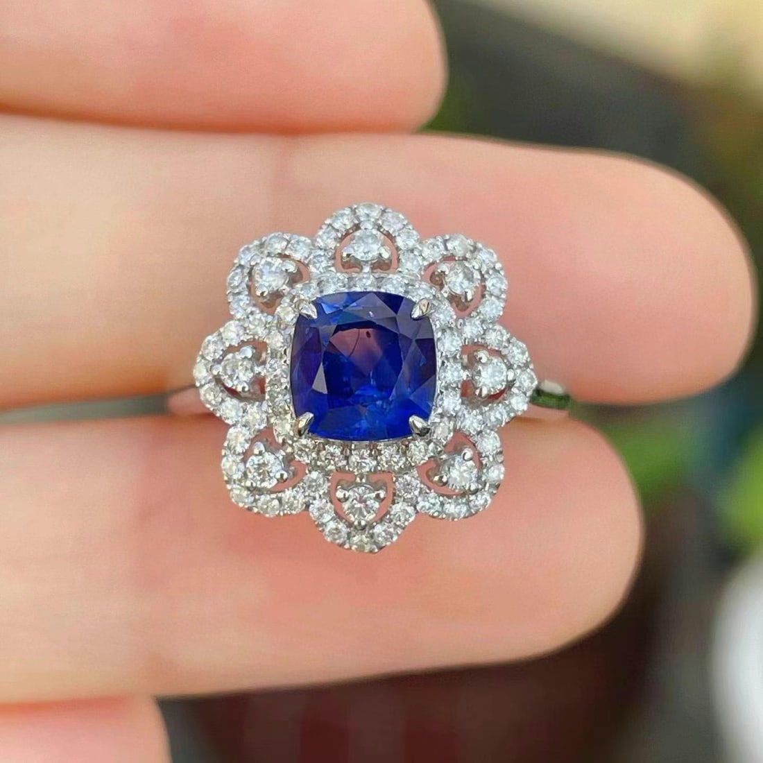 14k Gold 1.94 Ctw Natural Sapphire & Diamond Ring: Ref:230944245 // gold content:14k gold // ring size:7. 25us // // main gemstone:sapphire // shape:cushion // carat weight:1. 48ct // color:royal blue // treatment:natural // // adjacent gemstone 2