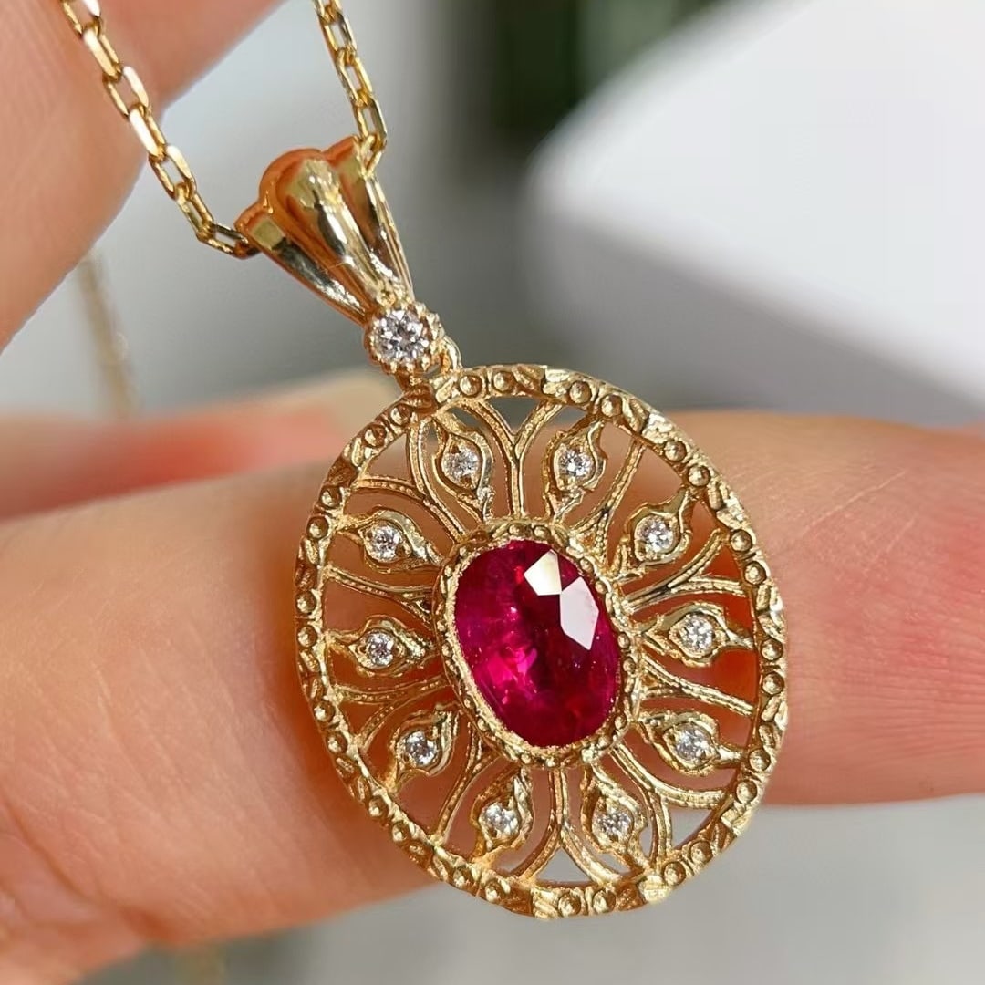 14k Gold 0.80 Ctw Natural Ruby & Diamond Pendant( Without Chain ) - 5