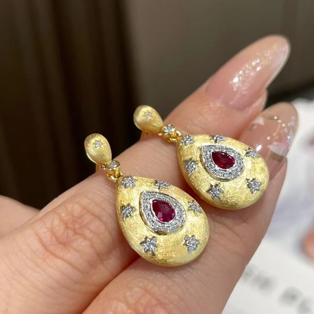 14k Gold 0.3 Ct Natural Ruby & Diamond Earrings - 3