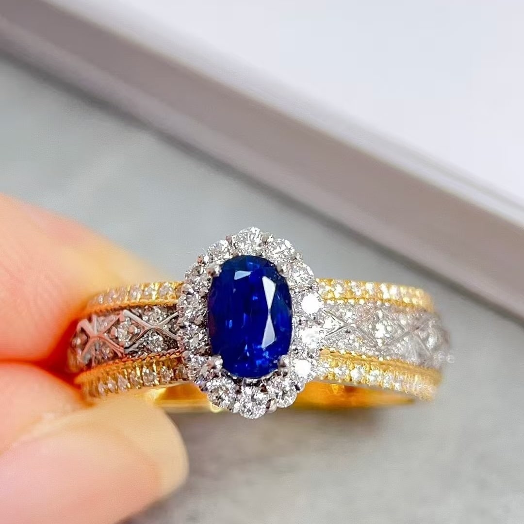 14k Gold 1.24 Ctw Natural Sapphire & Diamond Ring: Ref:230944260 // gold content:14k gold // ring size:7. 25us // // main gemstone:sapphire // shape:oval // carat weight:0. 82ct // color:royal blue // treatment:natural // // adjacent gemstone 2 :