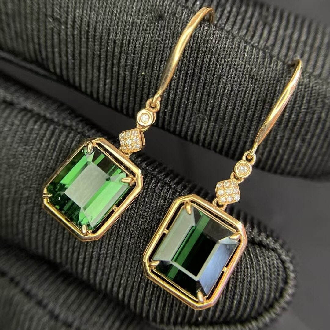 14k Gold 4.4 Ct Natural Tourmaline & Diamond Earrings - 2