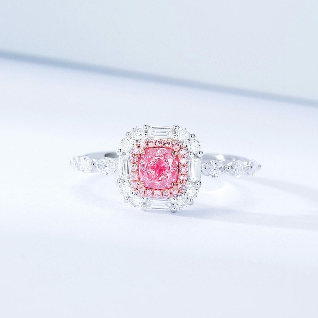 14k Gold 1.27 Ctw Natural Pink Diamond & Diamond Ring: Ref:230944290 // gold content:14k gold // ring size:7. 25us // // main gemstone:pink diamond // shape:cushion // carat weight:0. 56ct // color:pink // treatment:natural // // adjacent gemstone 2 :