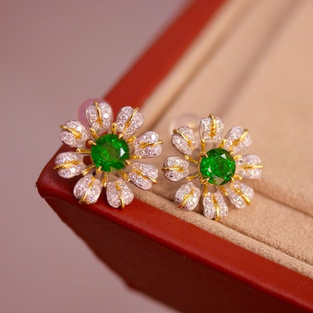 14k Gold 1.84 Ctw Vivid Green Natural Tsavorite & Diamond & Flowers Earrings: Ref:230944291 // gold content:14k gold // main gemstone:tsavorite // shape:round // carat weight:1. 36ct // color:vivid green // treatment:natural // cut grade:g // // adjacent gemstone 2 : diamond